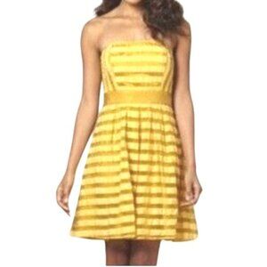 Yellow Strapless Pleated Sundress Dress Chiffon Textured Stripes Fit & Flare